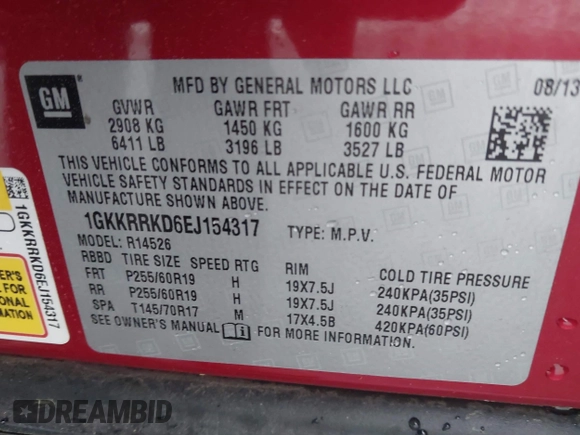 2014 GMC Acadia SLT with VIN 1GKKRRKD6EJ154317, listed as a IAAI auction lot 42104883 with 182,325 mi miles. Bid and sale history available at carsss.com. Image 9.