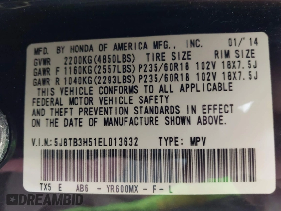 2014 Acura RDX Technology with VIN 5J8TB3H51EL013632, listed as a IAAI auction lot 42463743 with 109,389 mi miles and . Bid and sale history available at DreamBid. Image 9.
