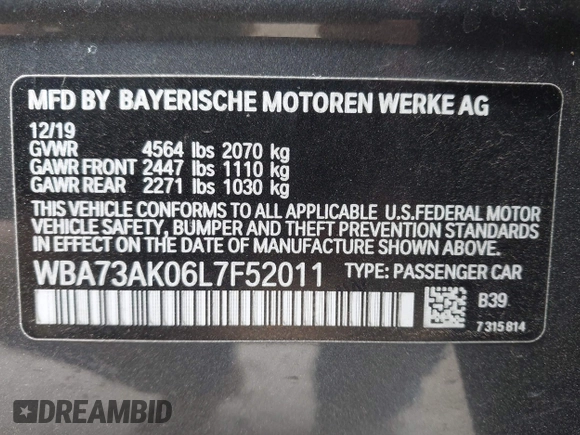 2020 BMW 2 Series 228i xDrive with VIN WBA73AK06L7F52011, listed as a IAAI auction lot 42000659 with 34,053 mi miles and . Bid and sale history available at DreamBid. Image 9.