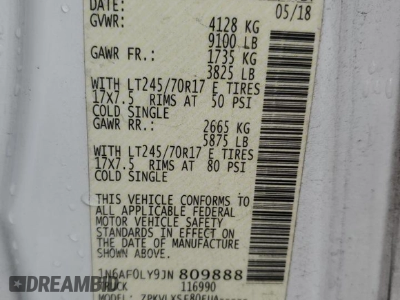 2018 Nissan NV SV with VIN 1N6AF0LY9JN809888, listed as a Copart auction lot 79480104 with 116,113 mi miles and Non Repairable. Bid and sale history available at carsss.com. Image 13.