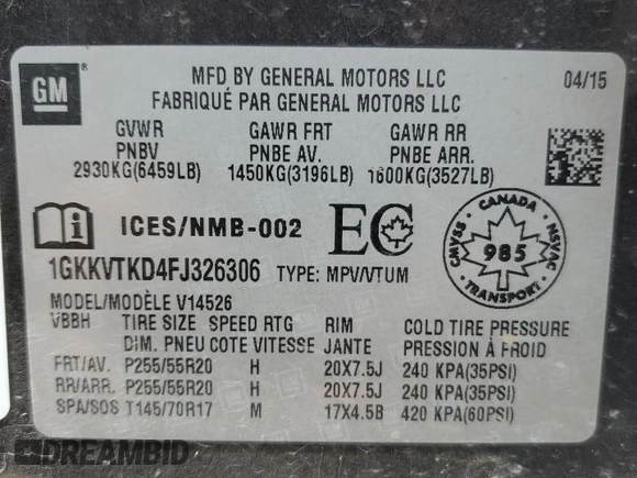 2015 GMC Acadia Denali z VIN 1GKKVTKD4FJ326306, wystawiony jako Copart lot #59263725 z przebiegiem 134 839 mil mil oraz Szkoda całkowita • Salvage title. Historia ofert i sprzedaży dostępna na DreamBid. Obrazek 13.