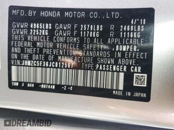 2018 Honda Clarity Plug-In Hybrid Touring with VIN JHMZC5F36JC012567, listed as a Copart auction lot 78663714 with 45,210 mi miles and Salvage Title. Bid and sale history available at carsss.com. Image 13.