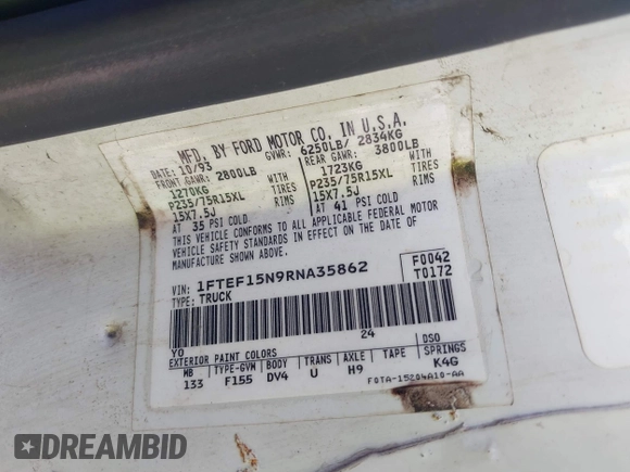 1994 Ford F-150 with VIN 1FTEF15N9RNA35862, listed as a IAAI auction lot 42177067 with Not provided miles and . Bid and sale history available at DreamBid. Image 9.