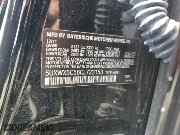 2012 BMW X3 28i with VIN 5UXWX5C56CL723153, listed as a Copart auction lot 52357795 with 93,916 mi miles and Salvage Title. Bid and sale history available at DreamBid. Image 15.