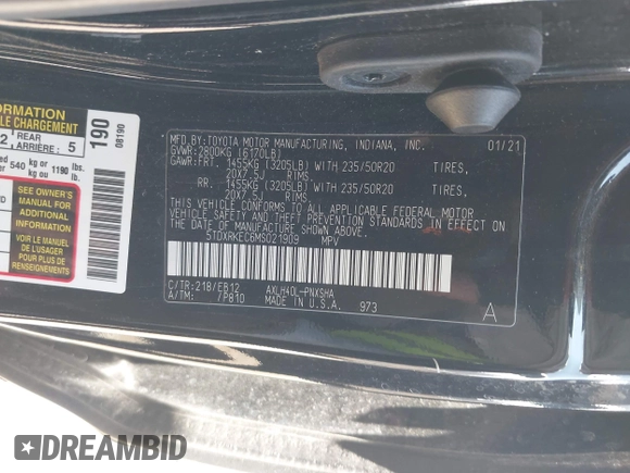 2021 Toyota Sienna XSE with VIN 5TDXRKEC6MS021909, listed as a IAAI auction lot 42432609 with 57,295 mi miles and . Bid and sale history available at DreamBid. Image 9.