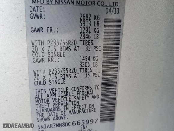 2013 Nissan Pathfinder Platinum with VIN 5N1AR2MN8DC665997, listed as a Copart auction lot 51487335 with 158,740 mi miles and Salvage Title. Bid and sale history available at carsss.com. Image 15.