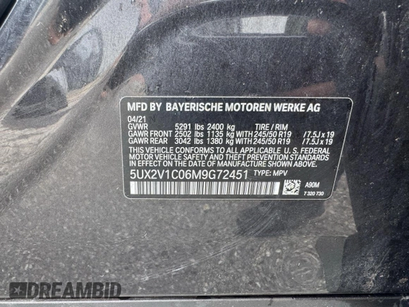 2021 BMW X4 xDrive30i with VIN 5UX2V1C06M9G72451, listed as a Copart auction lot 65089695 with 110,879 mi miles and Clean title. Bid and sale history available at DreamBid. Image 10.