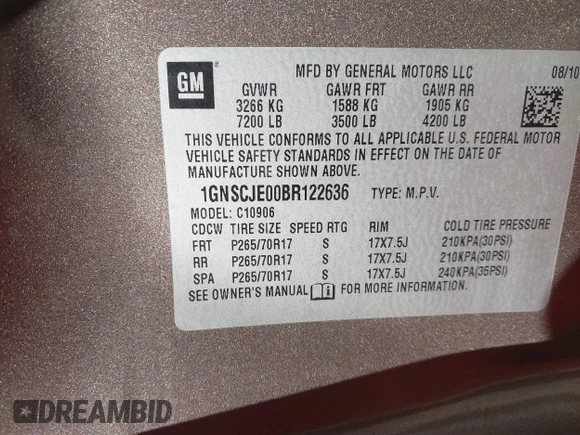 2011 Chevrolet Suburban LT with VIN 1GNSCJE00BR122636, listed as a IAAI auction lot 41594772 with 202,433 mi miles. Bid and sale history available at carsss.com. Image 8.