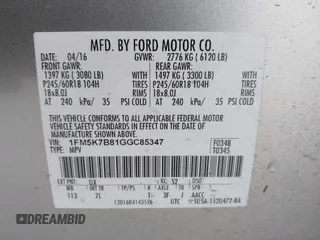 2016 Ford Explorer z VIN 1FM5K7B81GGC85347, wystawiony jako IAAI lot #42472254 z przebiegiem 53 721 mil mil oraz . Historia ofert i sprzedaży dostępna na DreamBid. Obrazek 9.