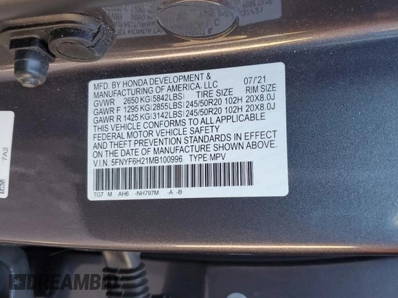 2021 Honda Pilot Special Edition with VIN 5FNYF6H21MB100996, listed as a Copart auction lot 60644935 with 39,298 mi miles and Salvage title. Bid and sale history available at DreamBid. Image 13.