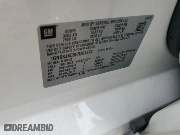 2015 Chevrolet Suburban LT z VIN 1GNSKJKC5FR261474, wystawiony jako Copart lot #60679775 z przebiegiem 128 851 mil mil oraz Czysty tytuł • Clean title. Historia ofert i sprzedaży dostępna na DreamBid. Obrazek 13.