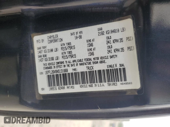 1999 Dodge Dakota SLT z VIN 1B7FL26X9XS131668, wystawiony jako Copart lot #53152605 z przebiegiem 92 663 mil mil oraz Szkoda całkowita • Salvage title. Historia ofert i sprzedaży dostępna na DreamBid. Obrazek 14.