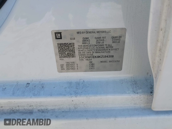 2019 Chevrolet Silverado 1500 LT with VIN 1GCRWCEK8KZ194308, listed as a IAAI auction lot 41206915 with 101,454 mi miles and . Bid and sale history available at DreamBid. Image 9.