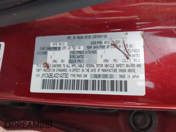 2012 Mazda 5 Sport with VIN JM1CW2BL4C0143780, listed as a IAAI auction lot 42362211 with 201,537 mi miles and . Bid and sale history available at DreamBid. Image 9.