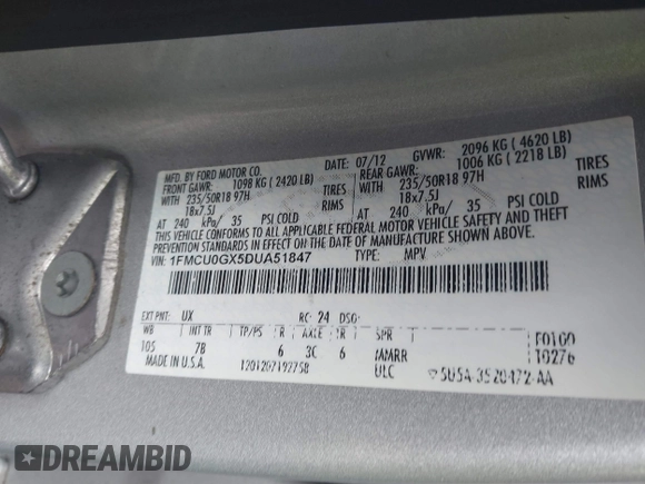 2013 Ford Escape SE with VIN 1FMCU0GX5DUA51847, listed as a IAAI auction lot 41897727 with 115,721 mi miles and . Bid and sale history available at DreamBid. Image 9.
