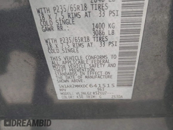 2013 Nissan Pathfinder SV с VIN 5N1AR2MMXDC641515, выставлен на аукционе IAAI как лот 42570637 с пробегом 156 525 миль миль и . История ставок и продаж доступна на DreamBid. Изображение 9.