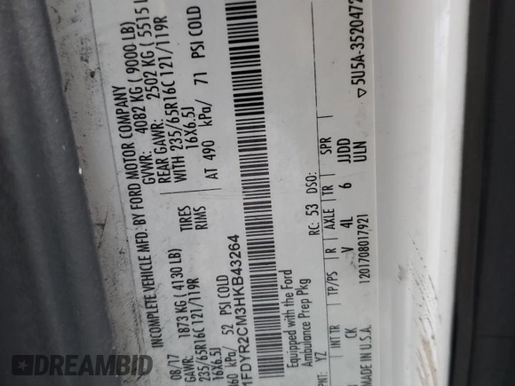 2017 Ford Transit z VIN 1FDYR2CM3HKB43264, wystawiony jako Copart lot #84093524 z przebiegiem 224 380 mil mil oraz Szkoda całkowita • Salvage title. Historia ofert i sprzedaży dostępna na DreamBid. Obrazek 10.