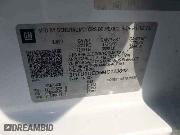 2021 GMC Sierra 1500 SLT z VIN 3GTU9DED5MG123692, wystawiony jako IAAI lot #41229854 z przebiegiem 84 651 mil mil oraz . Historia ofert i sprzedaży dostępna na DreamBid. Obrazek 9.