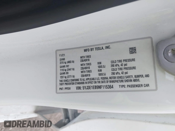 2022 Tesla Model 3 Long Range z VIN 5YJ3E1EB9NF115364, wystawiony jako IAAI lot #41618947 z przebiegiem 58 196 mil mil oraz . Historia ofert i sprzedaży dostępna na DreamBid. Obrazek 9.