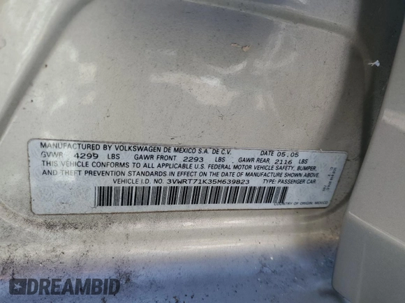 2005 Volkswagen Jetta with VIN 3VWRT71K35M639823, listed as a Copart auction lot 75345094 with 117,954 mi miles and Salvage title. Bid and sale history available at DreamBid. Image 13.