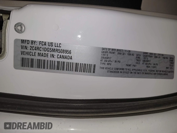 2021 Chrysler Voyager LXi with VIN 2C4RC1DG5MR508956, listed as a IAAI auction lot 41547647 with 104,563 mi miles and . Bid and sale history available at DreamBid. Image 9.