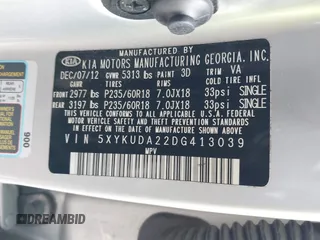 2013 Kia Sorento EX z VIN 5XYKUDA22DG413039, wystawiony jako IAAI lot #42197700 z przebiegiem 132 381 mil mil oraz . Historia ofert i sprzedaży dostępna na DreamBid. Obrazek 9.
