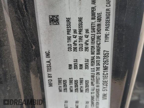 2022 Tesla Model 3 Performance with VIN 5YJ3E1EC1NF267857, listed as a Copart auction lot 88029995 with 38,080 mi miles and Salvage Title. Bid and sale history available at DreamBid. Image 14.