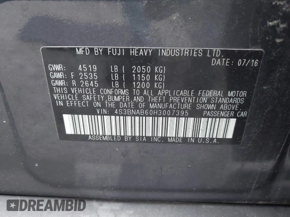 2017 Subaru Legacy with VIN 4S3BNAB60H3007395, listed as a IAAI auction lot 42011789 with 171,508 mi miles. Bid and sale history available at carsss.com. Image 9.