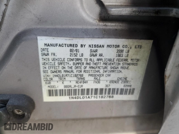 2001 Nissan Altima GXE with VIN 1N4DL01A71C182768, listed as a Copart auction lot 83519974 with 149,572 mi miles and Salvage Title. Bid and sale history available at carsss.com. Image 12.