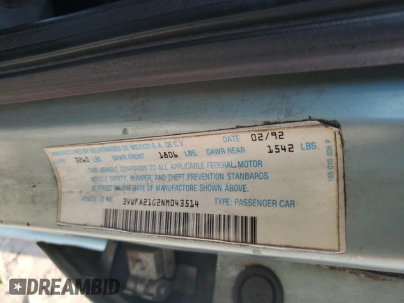 1992 Volkswagen Golf с VIN 3VWFA21G2NM043514, выставлен на аукционе Copart как лот 42501035 с пробегом 267 345 миль миль и Списание • Salvage title. История ставок и продаж доступна на DreamBid. Изображение 12.