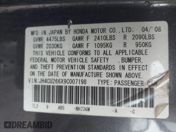 2009 Acura TSX with VIN JH4CU266X9C007198, listed as a IAAI auction lot 42535076 with 168,409 mi miles and . Bid and sale history available at DreamBid. Image 9.