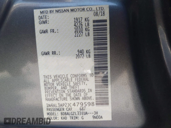 2018 Nissan Altima SV with VIN 1N4AL3AP2JC479598, listed as a IAAI auction lot 41992023 with 151,097 mi miles and . Bid and sale history available at carsss.com. Image 9.