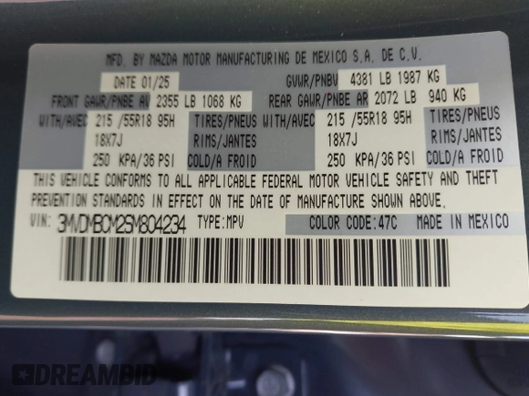 2025 Mazda CX-30 S Preferred with VIN 3MVDMBCM2SM804234, listed as a IAAI auction lot 42391251 with 413 mi miles and . Bid and sale history available at DreamBid. Image 9.