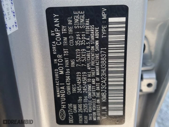 2017 Hyundai Tucson Limited with VIN KM8J3CA23HU388371, listed as a Copart auction lot 46990785 with 100,617 mi miles and Clean Title. Bid and sale history available at carsss.com. Image 14.