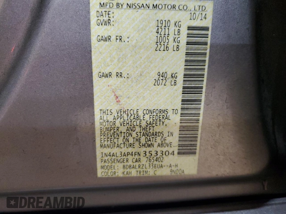 2015 Nissan Altima SL with VIN 1N4AL3AP4FN353304, listed as a Copart auction lot 41515745 with 93,372 mi miles and Salvage Title. Bid and sale history available at DreamBid. Image 14.