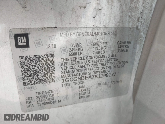 2019 Chevrolet Colorado 2WD Work Truck with VIN 1GCGSBEA7K1199177, listed as a IAAI auction lot 41622091 with 105,231 mi miles and . Bid and sale history available at DreamBid. Image 9.