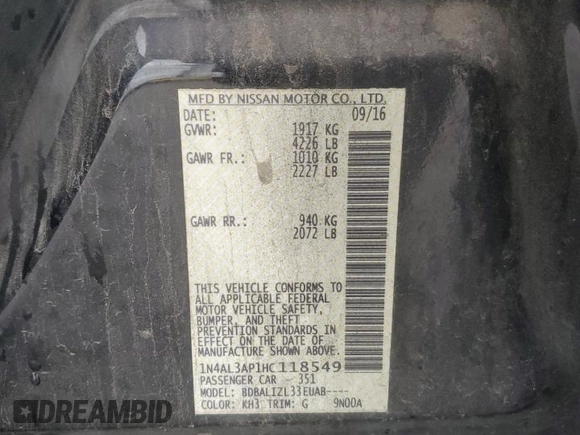 2017 Nissan Altima S z VIN 1N4AL3AP1HC118549, wystawiony jako Copart lot #57883765 z przebiegiem 179 582 mil mil oraz Szkoda całkowita • Salvage title. Historia ofert i sprzedaży dostępna na DreamBid. Obrazek 12.