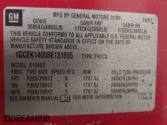 2008 Chevrolet Silverado 1500 1LT with VIN 1GCEK14008E131895, listed as a IAAI auction lot 41976247 with 178,669 mi miles and . Bid and sale history available at DreamBid. Image 9.