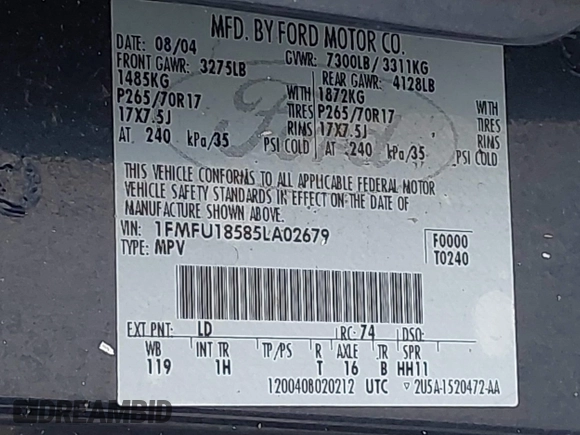 2005 Ford Expedition Eddie Bauer с VIN 1FMFU18585LA02679, выставлен на аукционе IAAI как лот 42699387 с пробегом 253 298 миль миль и . История ставок и продаж доступна на DreamBid. Изображение 9.