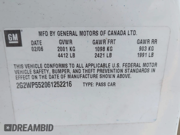 2006 Pontiac Grand Prix z VIN 2G2WP552061252216, wystawiony jako IAAI lot #42443695 z przebiegiem 140 310 mil mil oraz . Historia ofert i sprzedaży dostępna na DreamBid. Obrazek 9.