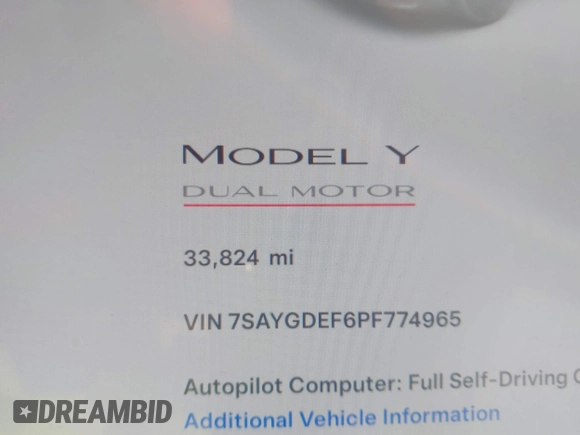 2023 Tesla Model Y Performance z VIN 7SAYGDEF6PF774965, wystawiony jako IAAI lot #41655550 z przebiegiem 33 824 mil mil oraz . Historia ofert i sprzedaży dostępna na DreamBid. Obrazek 15.