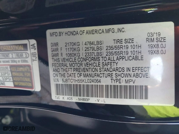 2019 Acura RDX w/Technology Pkg with VIN 5J8TC1H55KL024064, listed as a IAAI auction lot 41357149 with 62,598 mi miles. Bid and sale history available at carsss.com. Image 9.