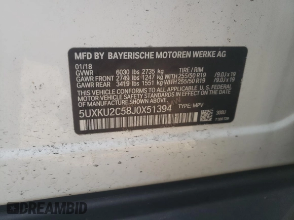 2018 BMW X6 xDrive35i with VIN 5UXKU2C58J0X51394, listed as a Copart auction lot 68438933 with 66,608 mi miles. Bid and sale history available at carsss.com. Image 12.