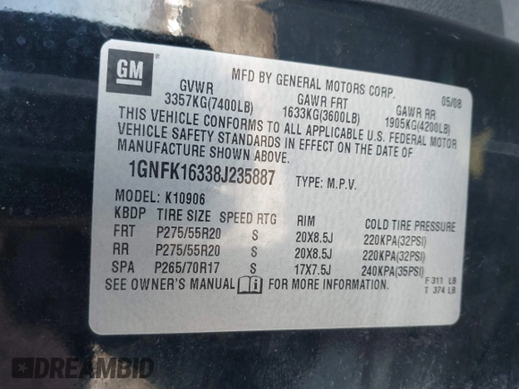 2008 Chevrolet Suburban Commercial with VIN 1GNFK16338J235887, listed as a IAAI auction lot 41371263 with 200,049 mi miles. Bid and sale history available at carsss.com. Image 9.