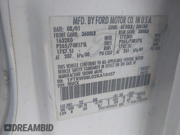 2002 Ford F-150 XLT with VIN 1FTRW08L02KA10457, listed as a IAAI auction lot 41704625 with 151,072 mi miles. Bid and sale history available at carsss.com. Image 9.