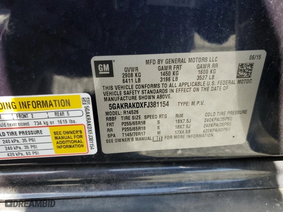 2015 Buick Enclave Convenience with VIN 5GAKRAKDXFJ381154, listed as a Copart auction lot 50956725 with 170,517 mi miles and Salvage Title. Bid and sale history available at carsss.com. Image 13.