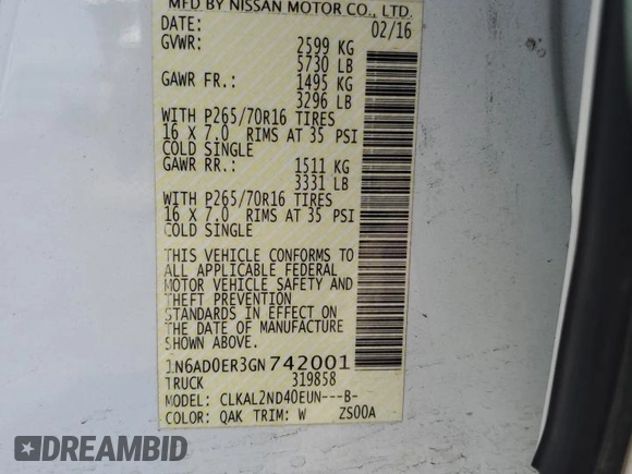 2016 Nissan Frontier SV z VIN 1N6AD0ER3GN742001, wystawiony jako Copart lot #60980695 z przebiegiem 117 716 mil mil oraz Szkoda całkowita • Salvage title. Historia ofert i sprzedaży dostępna na DreamBid. Obrazek 12.