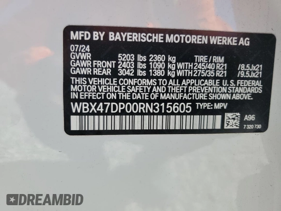 2024 BMW X3 sDrive30i with VIN WBX47DP00RN315605, listed as a Copart auction lot 42827025 with 1,792 mi miles and Salvage Title. Bid and sale history available at DreamBid. Image 12.