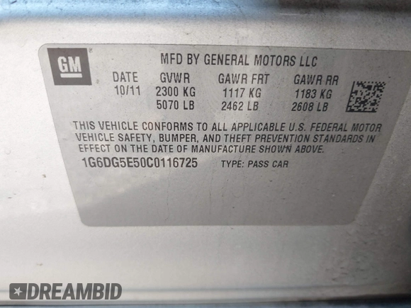 2012 Cadillac CTS Sedan Luxury with VIN 1G6DG5E50C0116725, listed as a IAAI auction lot 41694928 with 114,214 mi miles. Bid and sale history available at carsss.com. Image 9.
