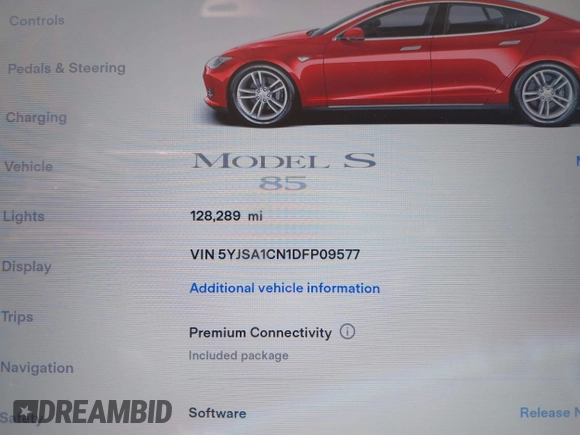 2013 Tesla Model S с VIN 5YJSA1CN1DFP09577, выставлен на аукционе IAAI как лот 41626684 с пробегом 128 289 миль миль и . История ставок и продаж доступна на DreamBid. Изображение 15.